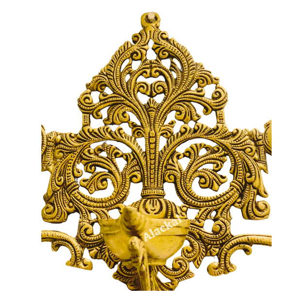 BRASS DECORATIVE SHANKH CHAKRA WALL HANGING DIYA WITH BELL - Image 3