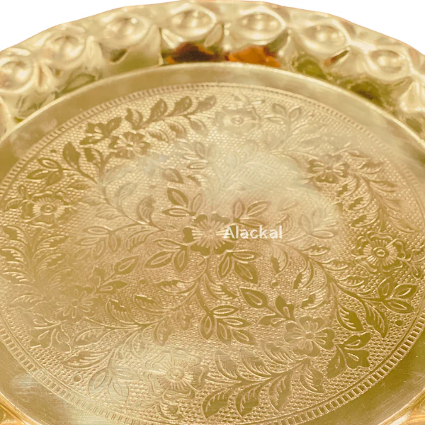 BRASS FLORAL DESIGNED THALIKA / THALAM / THAMBOOLAM / PLATE WITH WAVE- SHAPED CORNERS FOR HINDU WEDDING RITUALS TO KEEP FLOWERS OR FRUITS | GIFT HAMPER - Image 3