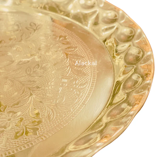 BRASS FLORAL DESIGNED THALIKA / THALAM / THAMBOOLAM / PLATE WITH WAVE- SHAPED CORNERS FOR HINDU WEDDING RITUALS TO KEEP FLOWERS OR FRUITS | GIFT HAMPER - Image 4