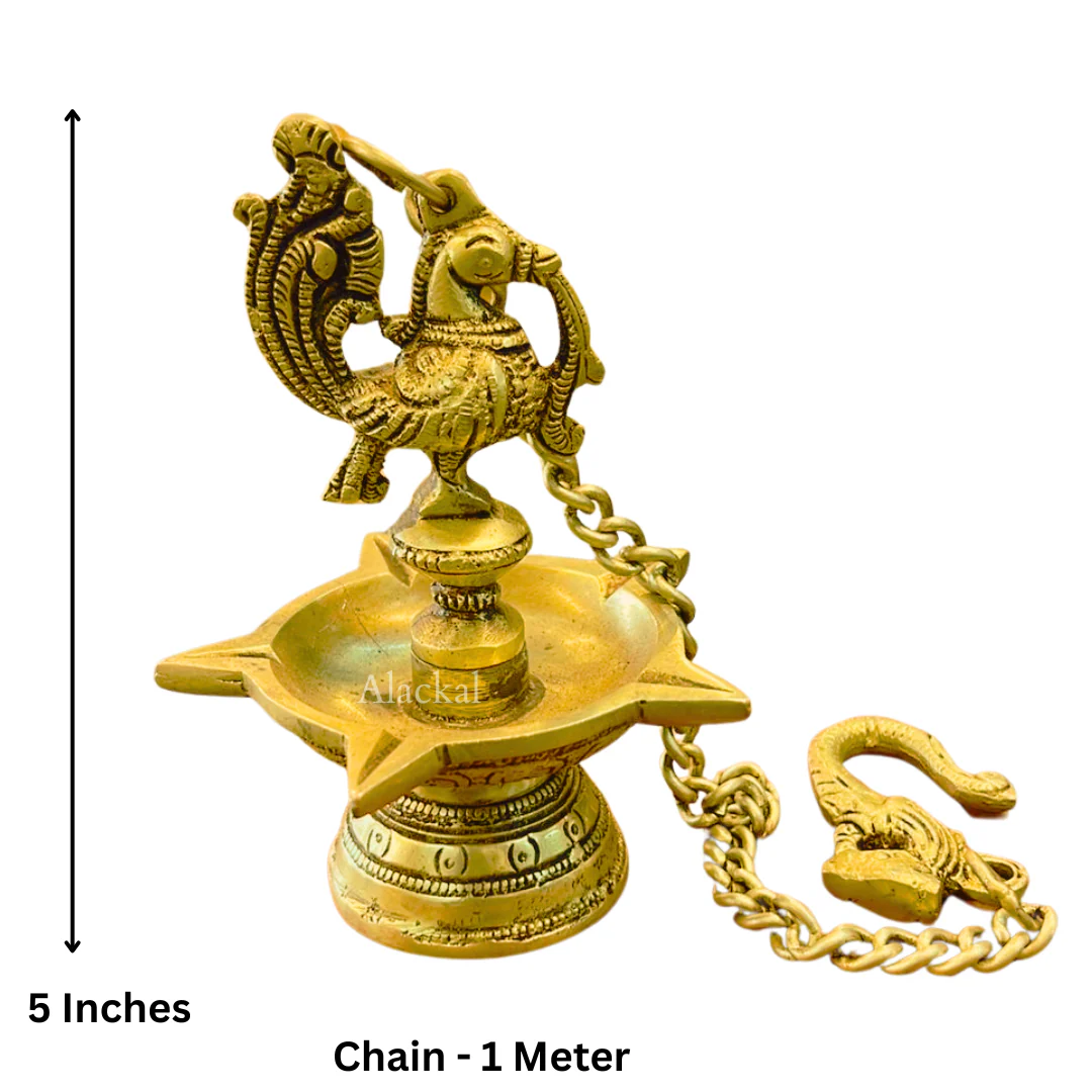 Brass Hanging Peacock Diya with 5 Wicks | Traditional Lamp for Navaratri & Home Decor – Alackal Bell Metals Mannar - Image 3