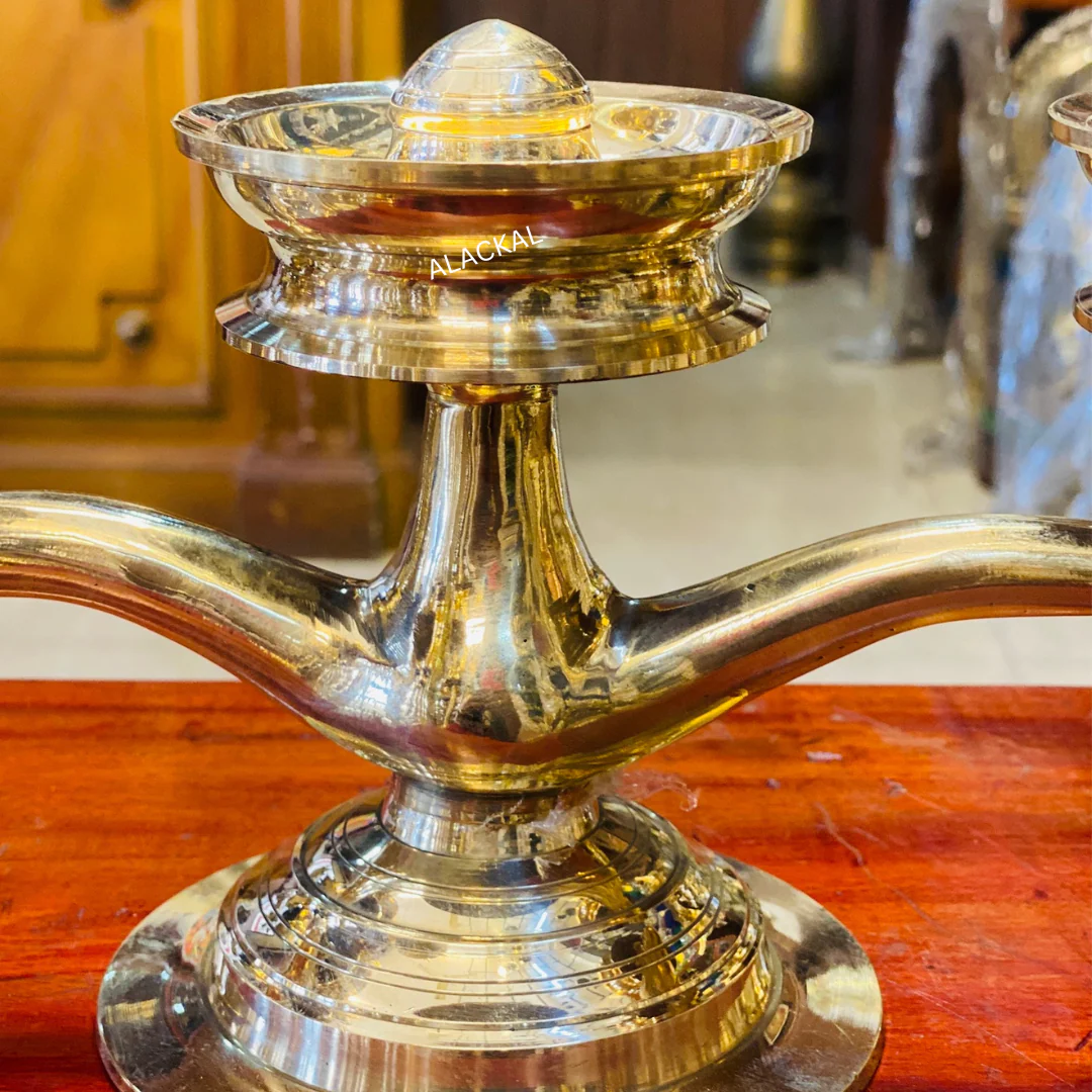 HANDMADE BRONZE KAVARAVILAKKU WITH MOTTU SHAPE ON TOP | 3 LAYER LAMP - Image 4