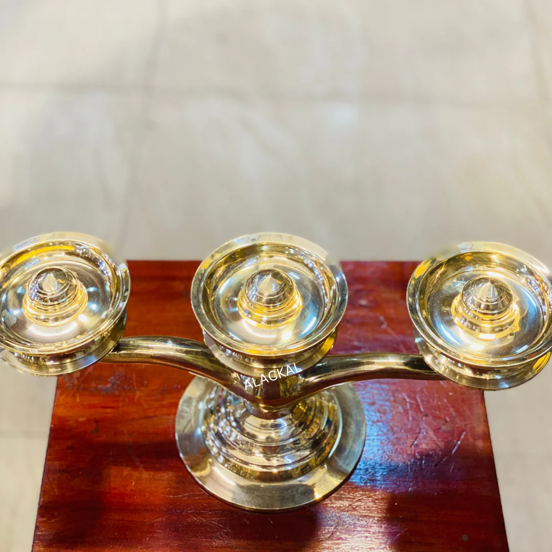 HANDMADE BRONZE KAVARAVILAKKU WITH MOTTU SHAPE ON TOP | 3 LAYER LAMP - Image 5